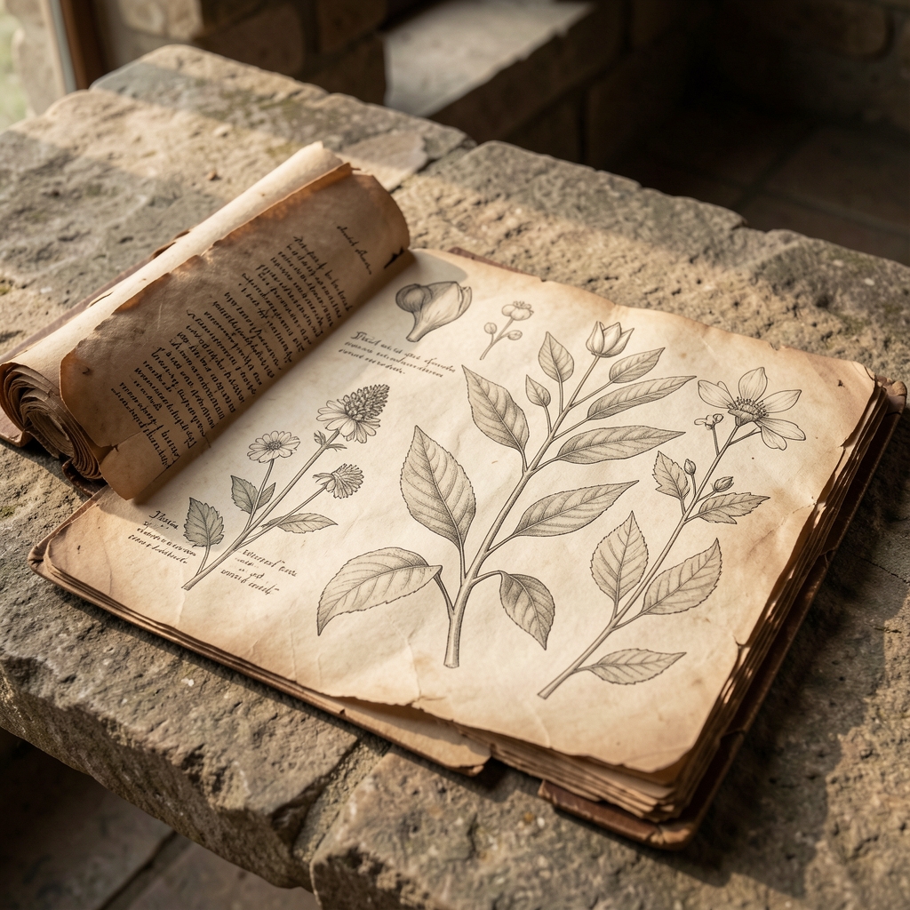 Aged manuscripts and hand-drawn botanical illustrations laid flat on a stone table with indirect afternoon light, suggesting the historical documentation of traditional knowledge and ancient wellness practices