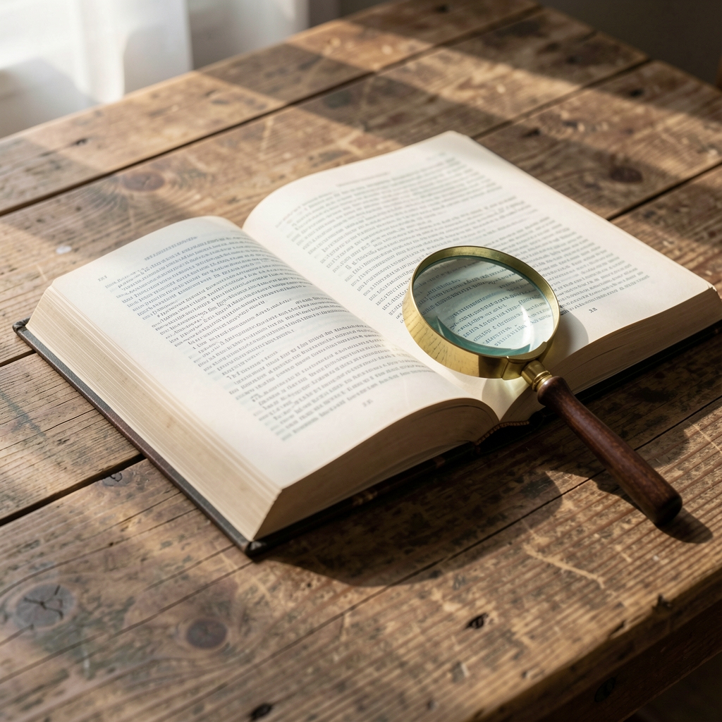 Black and white photograph of a magnifying glass resting on an open book with dense printed text, symbolizing critical examination, careful reading, and the questioning of assumptions