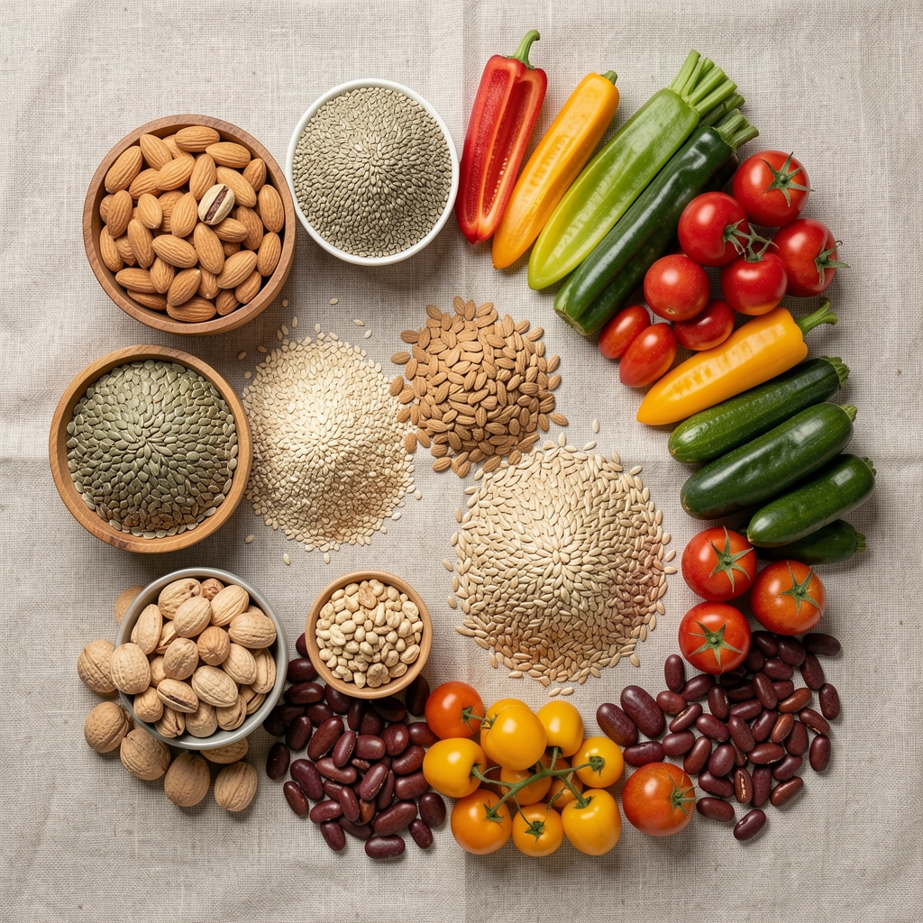 Overhead flat lay of a diverse selection of whole foods including nuts, seeds, grains, colorful vegetables, and legumes arranged on a neutral linen surface in natural light