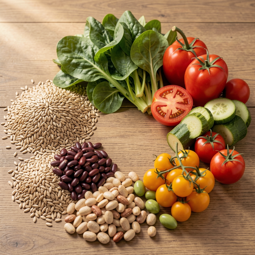 Balanced arrangement of whole grains, legumes, leafy greens, and fresh vegetables on a wooden surface in natural daylight, representing nutritional balance and wholesome food choices