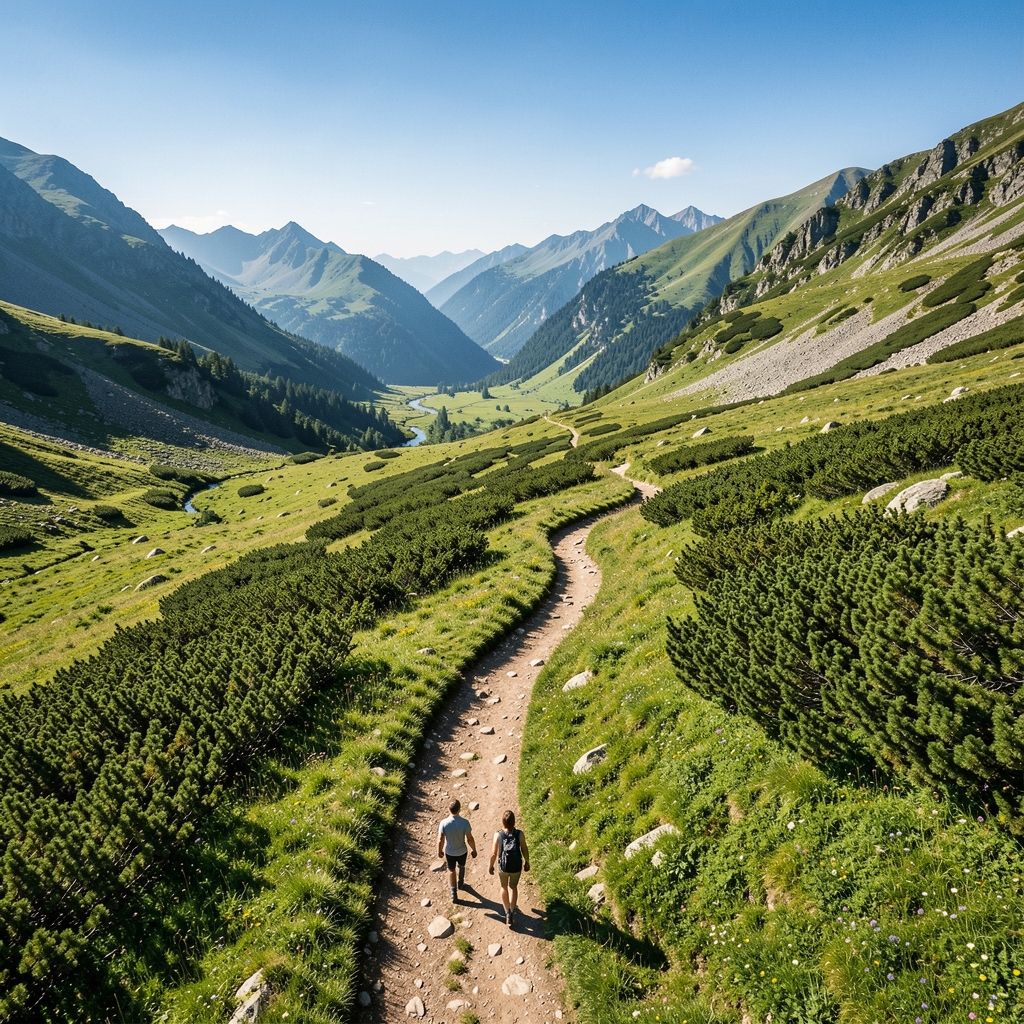 Aerial view of a person walking alone along a winding trail through a green mountain landscape under a clear sky, conveying the relationship between environment and physical movement