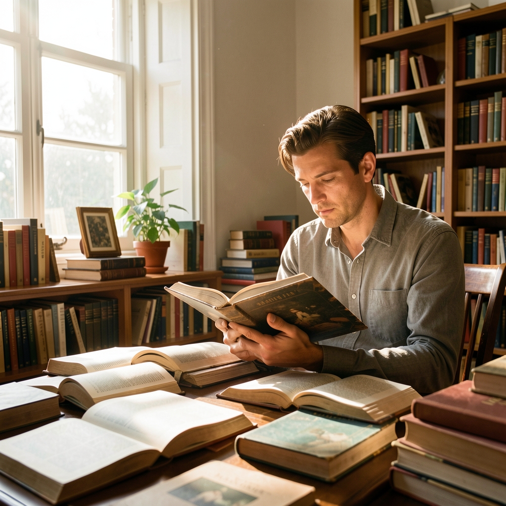 Man sitting in a sunlit reading room surrounded by open books and natural light through large windows, absorbed in quiet study and thoughtful reading