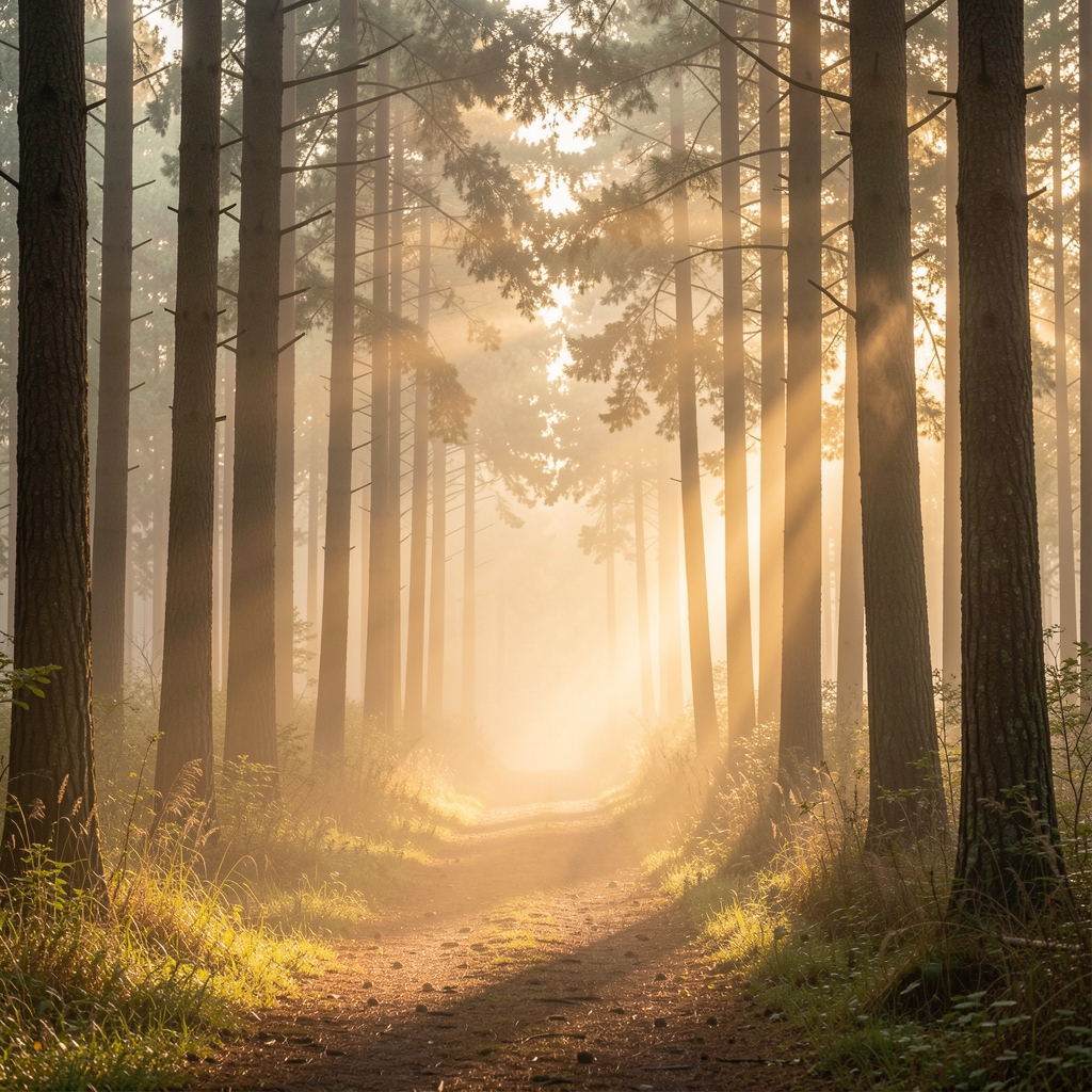 Serene forest path at dawn with soft golden morning light filtering through tall trees, mist rising from the ground, creating a calm and contemplative natural atmosphere