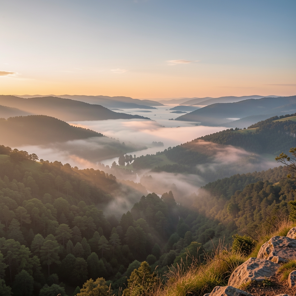 Wide vista of a misty valley at sunrise seen from a high vantage point, conveying perspective, patience, and the gradual unfolding of natural processes over time